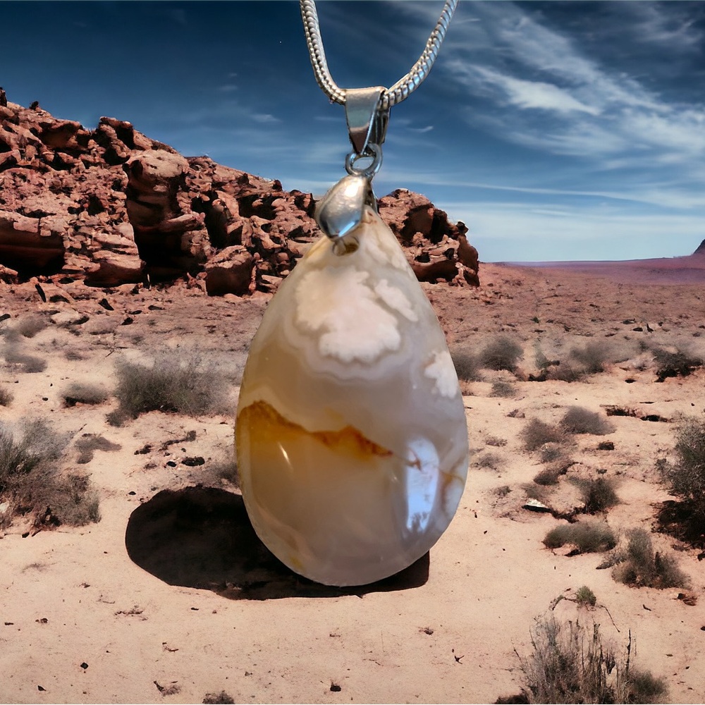Scenic flower agate pendant, sterling chain NWT